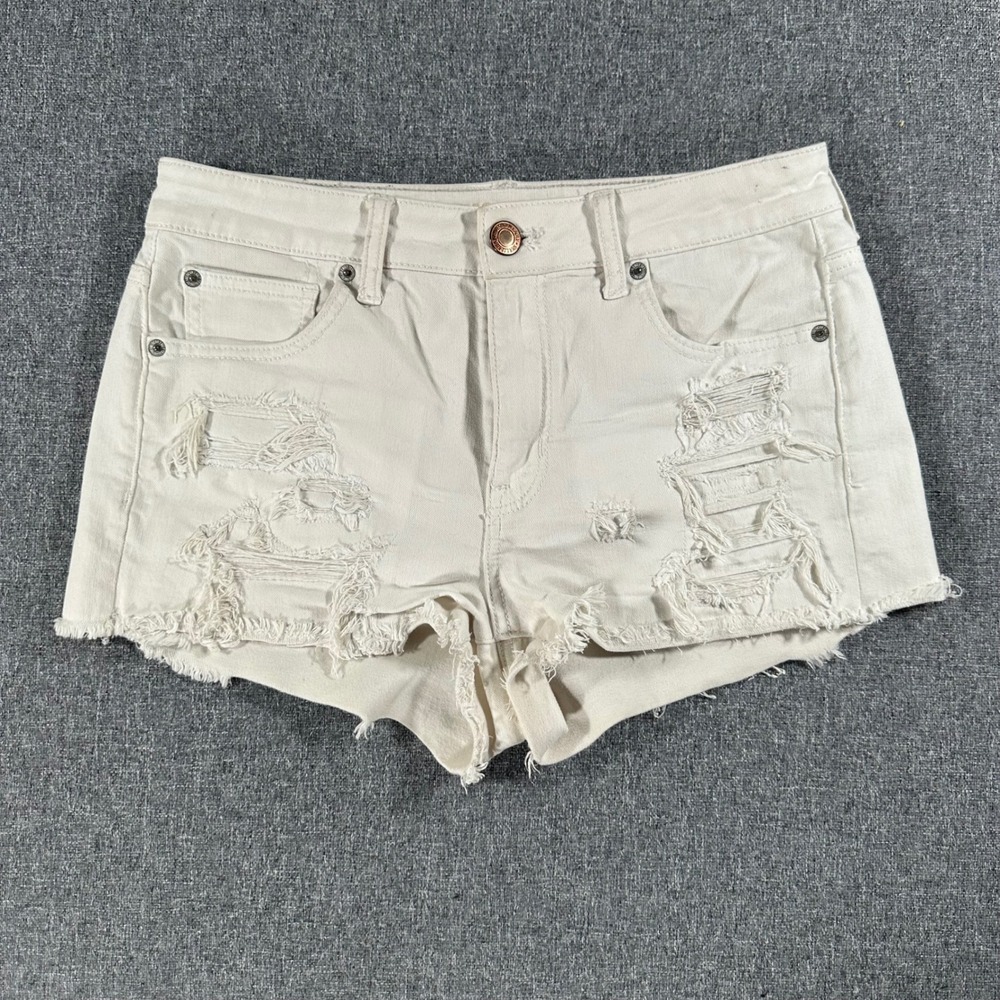 American Eagle Super Stretch X Distressed Denim Shorts Cream White Womens 10